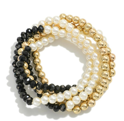 Black,Gold, and Pearl Beaded Stretch Bracelet