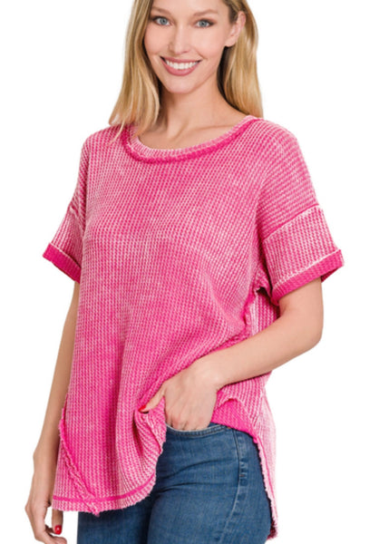 Washed Waffle Rolled Sleeve Top