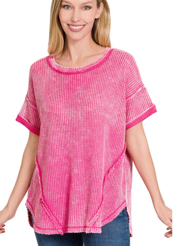 Washed Waffle Rolled Sleeve Top