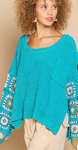 Forest Teal Crochet Sleeve Sweater