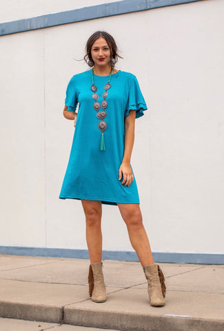 Jade Blue Ruffle Sleeve Dress
