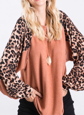 Rust Top with Leopard Print Sleeves