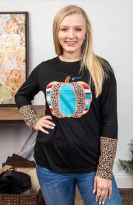 Embroidered Pumpkin Tee with Leopard Sleeve