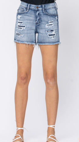 Judy Blue Mid-Rise Patch and Cutoff Shorts