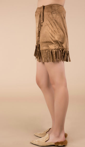 Camel Fringe Mini Skirt