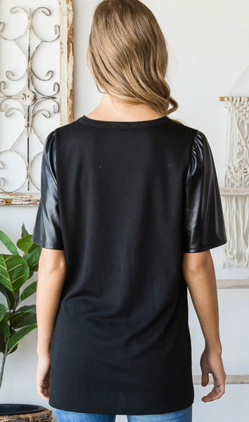 Black Faux Leather Sleeve Top