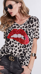 Leopard Print with Red Sequin Lips Top