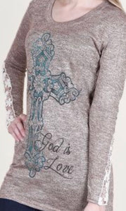 GOD IS LOVE CROSS LONG SLEEVE WITH LACE ACCENT