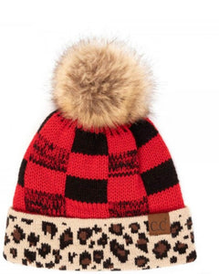 Checked and Leopard Print C.C. Beanie