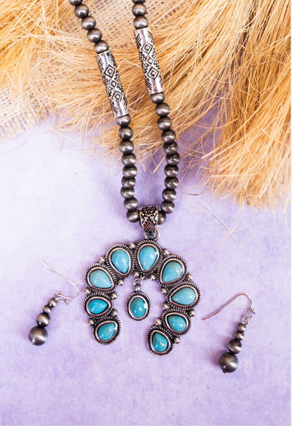 Turquoise Palomino Silver Pearl Necklace and Earring Set