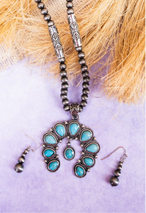 Turquoise Palomino Silver Pearl Necklace and Earring Set