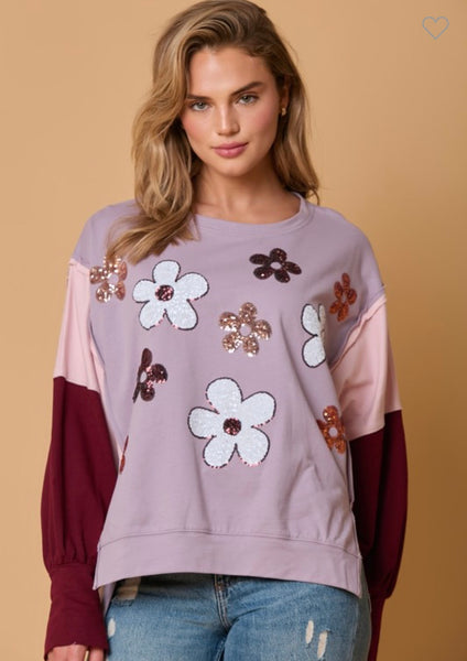Daisy Sequin Colorblock Sweatshirt