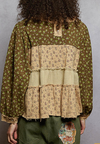 Olive Floral with Pearl Trim