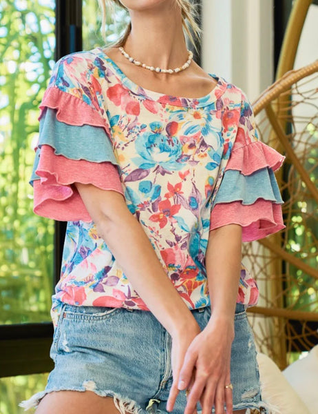 Floral Color-block Sleeve Top