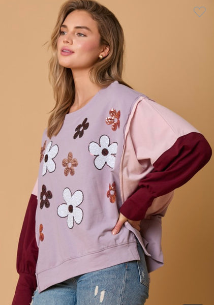 Daisy Sequin Colorblock Sweatshirt