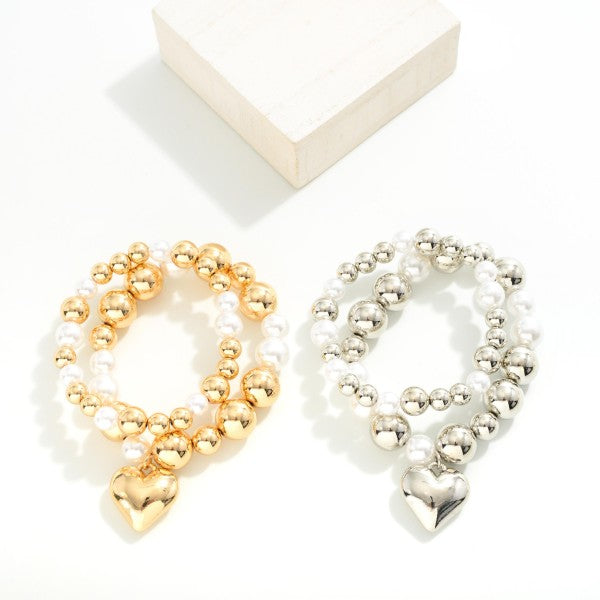 Pearl & Metal with Heart Bracelet