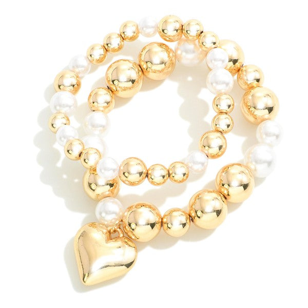 Pearl & Metal with Heart Bracelet