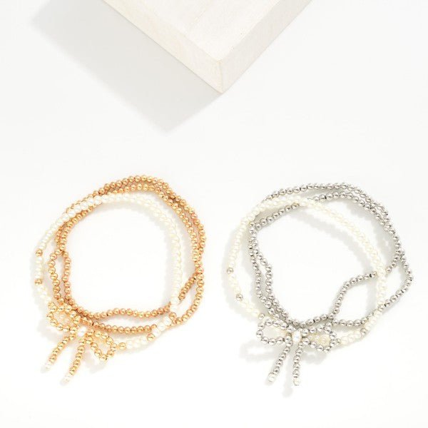 Pearl & Metal Beaded Bow Bracelet