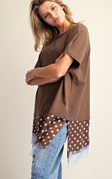 Brown Blue Polka Dot Satin Lace Bottom Tunic