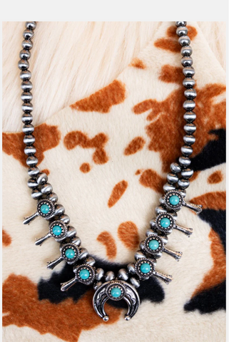 Turquoise Squash Blossom Silver Pearl Necklace