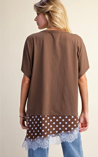Brown Blue Polka Dot Satin Lace Bottom Tunic