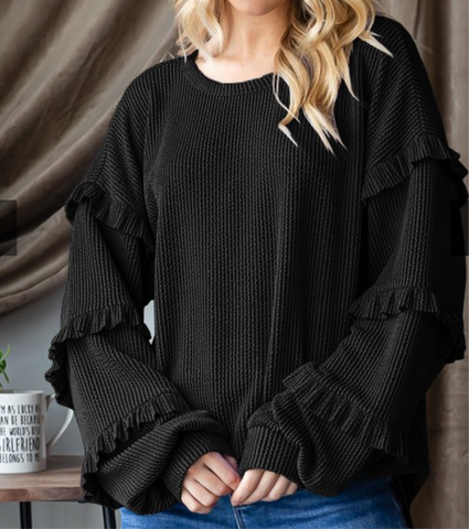 Black Rib Tiered  Sleeve Top