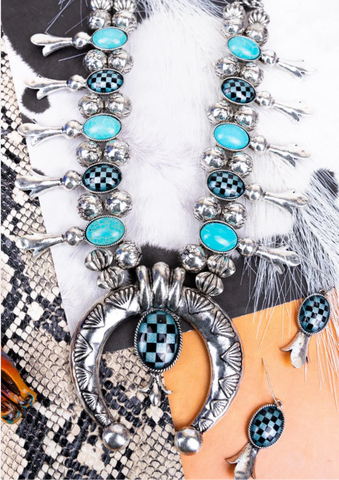Turquoise Rodeo Squash Blossom Necklace & Earring Set