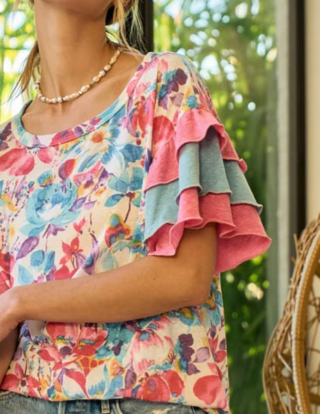 Floral Color-block Sleeve Top