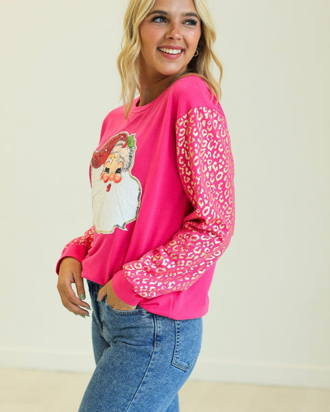 Sequin Santa Leopard Sleeve Sweatshirt