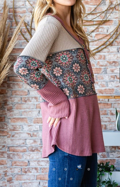 Mauve Geometric Waffle Top