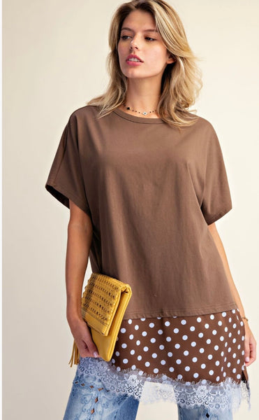 Brown Blue Polka Dot Satin Lace Bottom Tunic