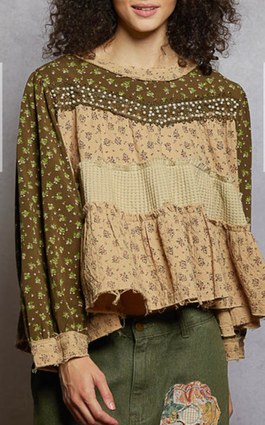 Olive Floral with Pearl Trim