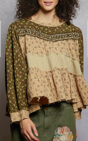 Olive Floral with Pearl Trim