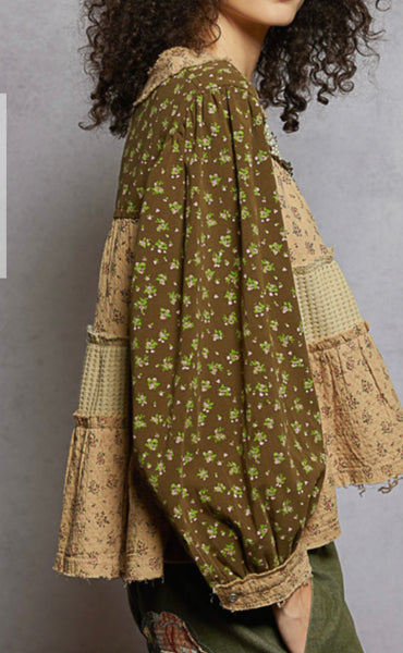 Olive Floral with Pearl Trim