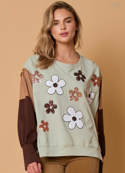 Daisy Sequin Colorblock Sweatshirt