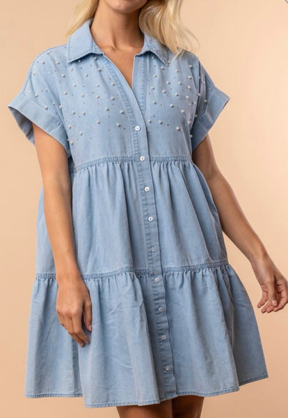 Denim Dress with Pearls