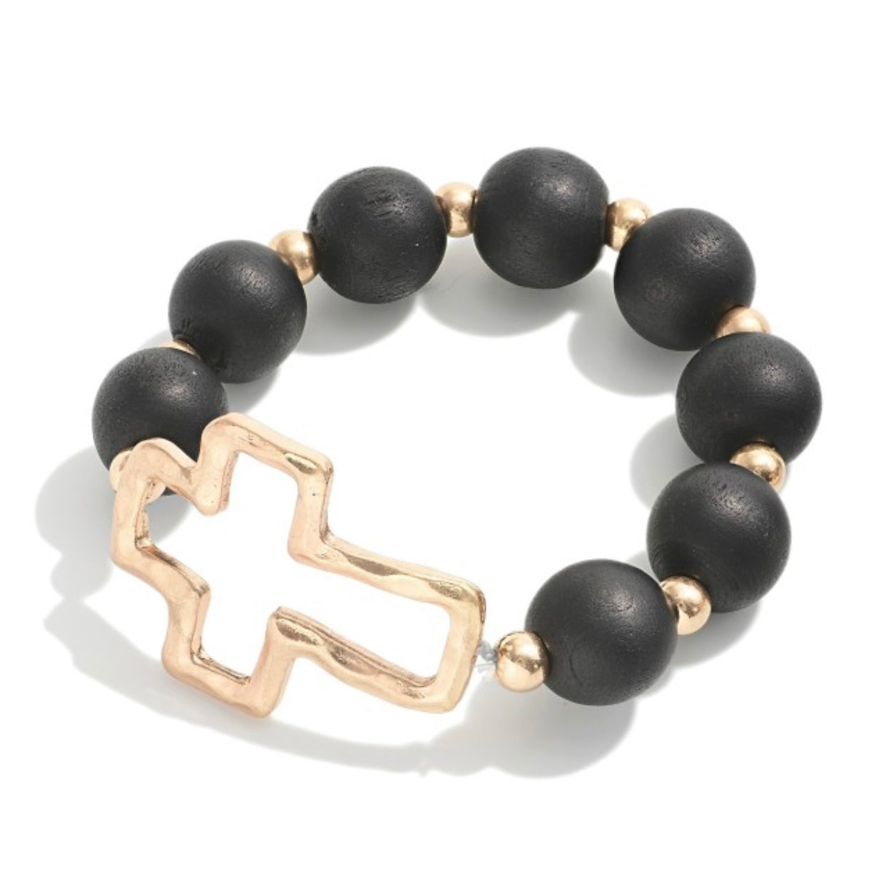 Wooden Bead Hammered Cross Bracelet