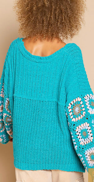 Forest Teal Crochet Sleeve Sweater