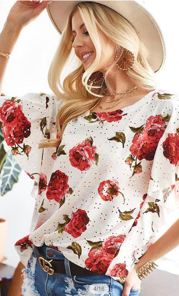 Floral Print Eyelet Knit Top