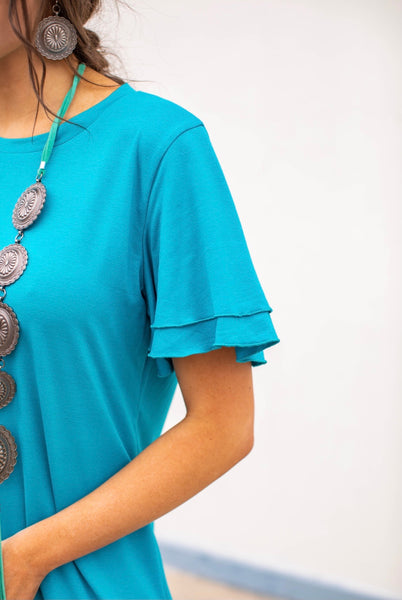 Jade Blue Ruffle Sleeve Dress