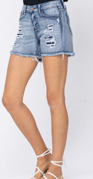 Judy Blue Mid-Rise Patch and Cutoff Shorts