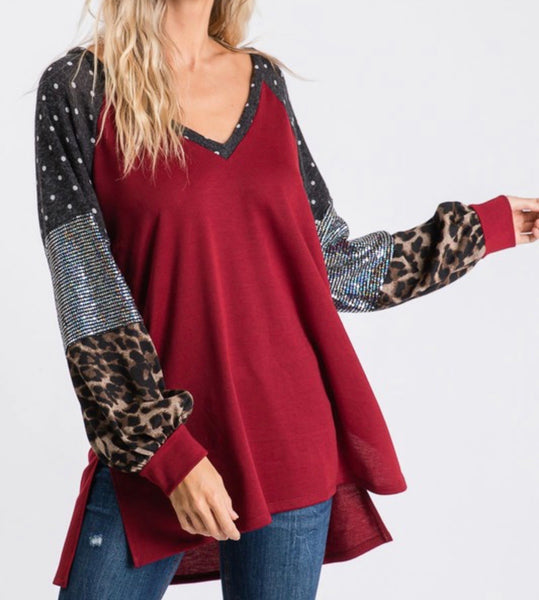 Red Color Block Leopard Sequin Sleeve Top