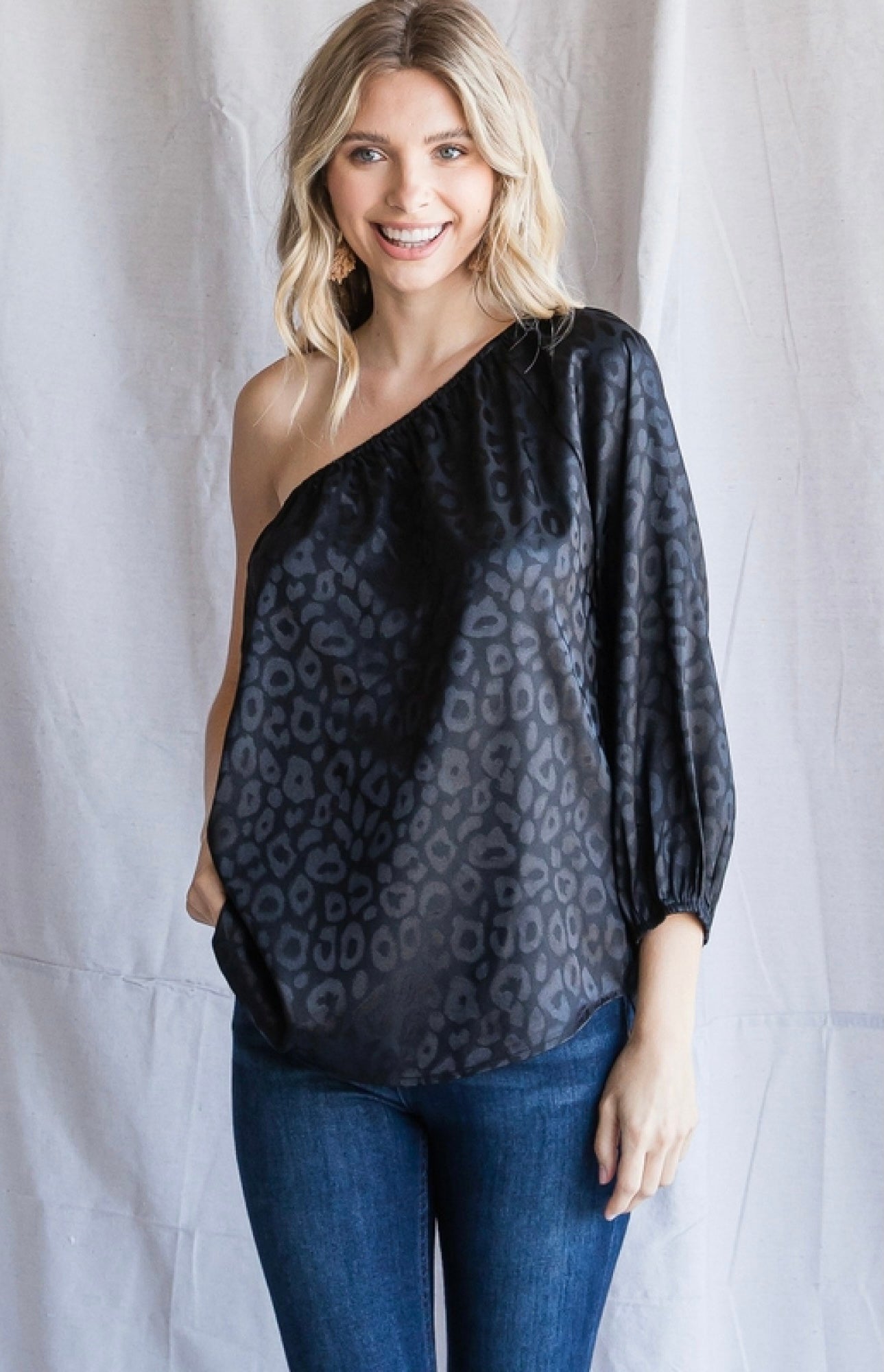 Black Satin One Shoulder Leopard Print Top