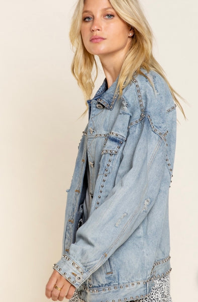 Denim Distressed Stud Jacket