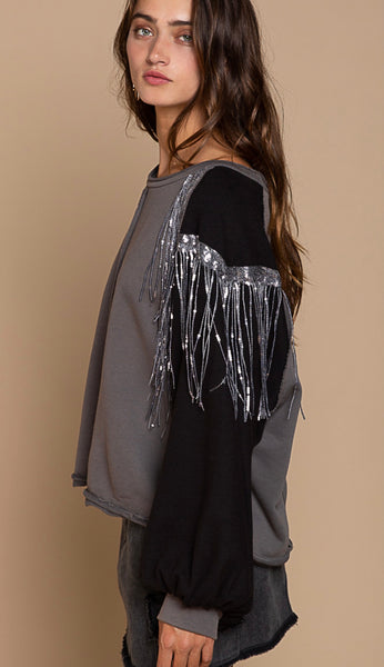 French Terry Shiny Fringe Top