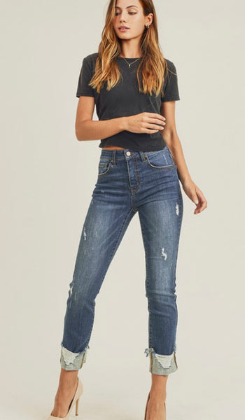 High Rise Frayed Cuff Jeans