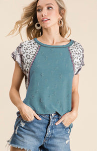 Teal Distressed  with Animal Print Sleeves