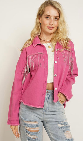 Denim Jacket with Rhinestone Tassels