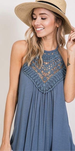 Slate Blue Crochet Lace Tank Top