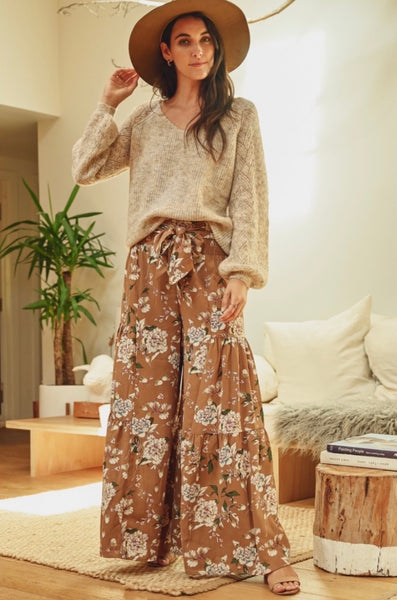 Taupe Floral Palazzo Pants